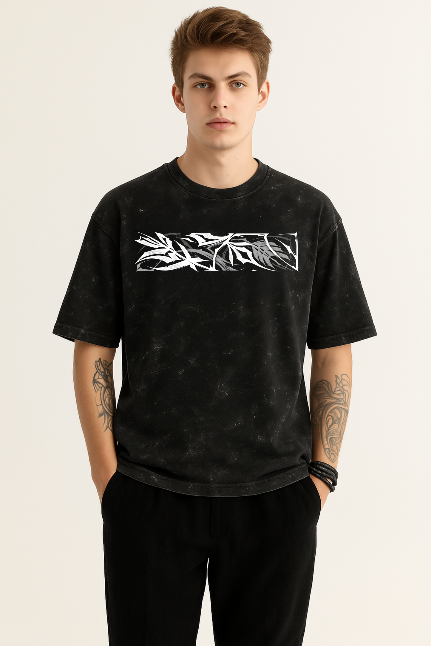 Black Marble Graphic T-Shirt – Abstract Leaf Print