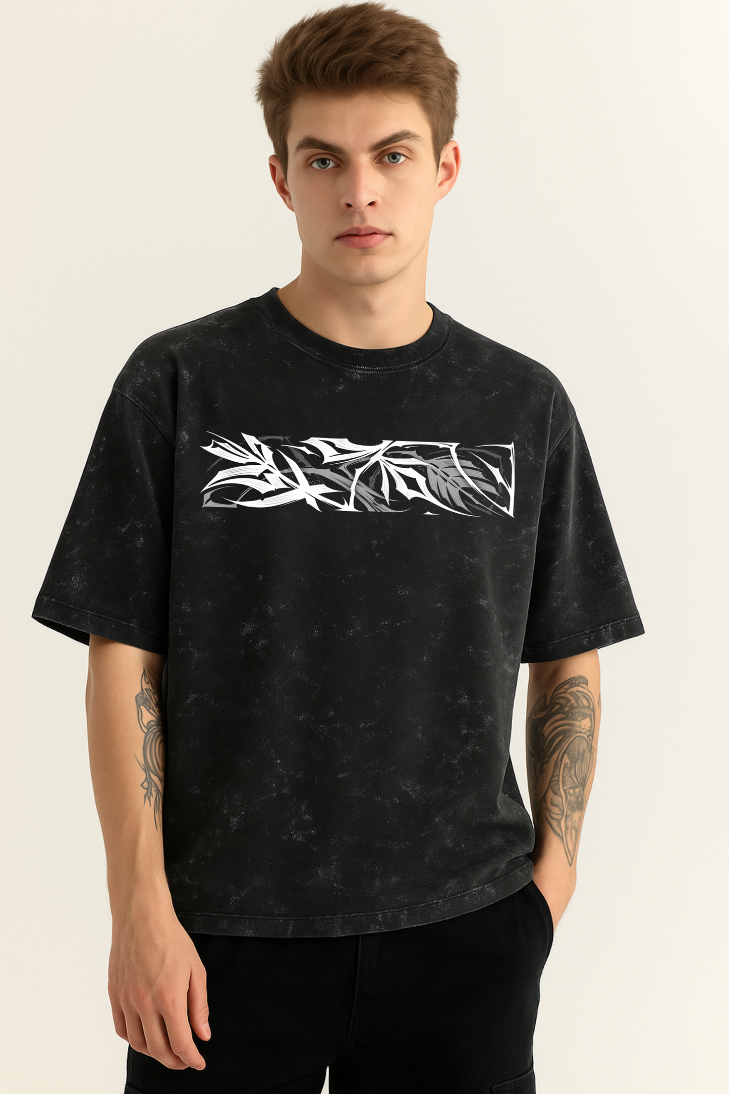 Black Marble Graphic T-Shirt – Abstract Leaf Print