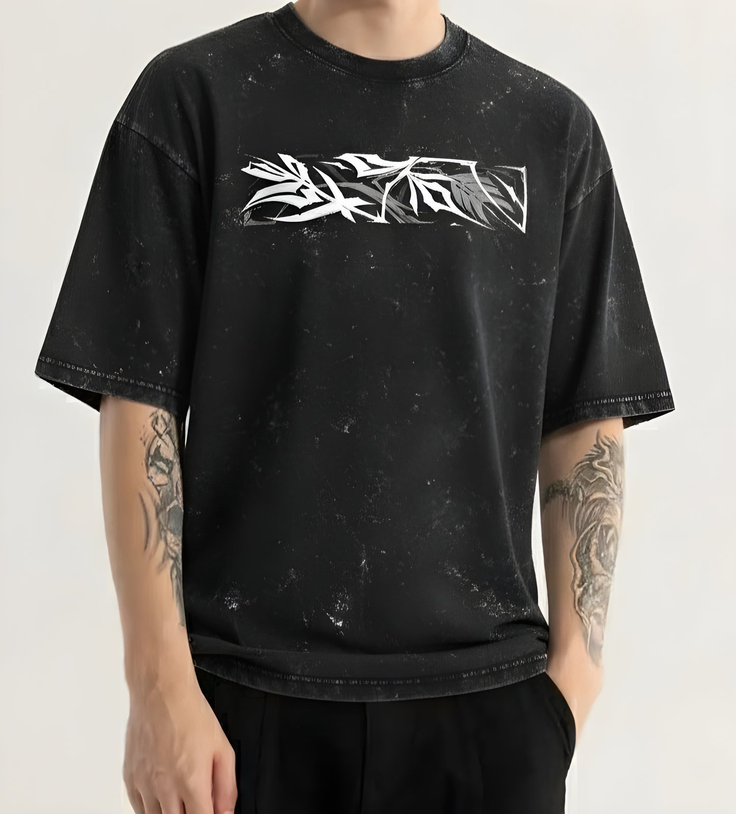 Black Marble Graphic T-Shirt – Abstract Leaf Print