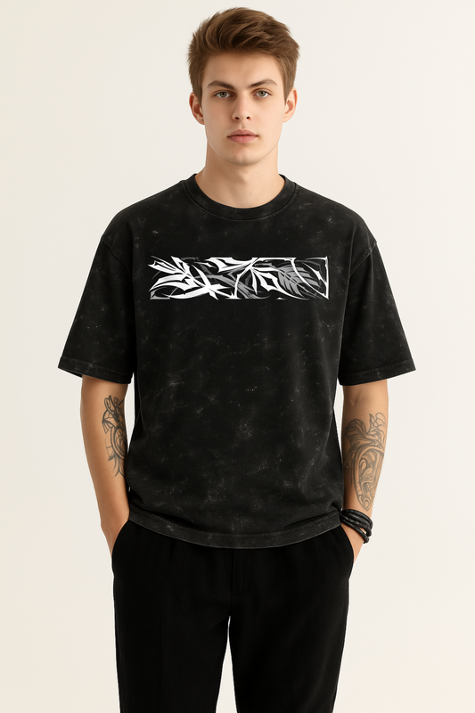 Black Marble Graphic T-Shirt – Abstract Leaf Print